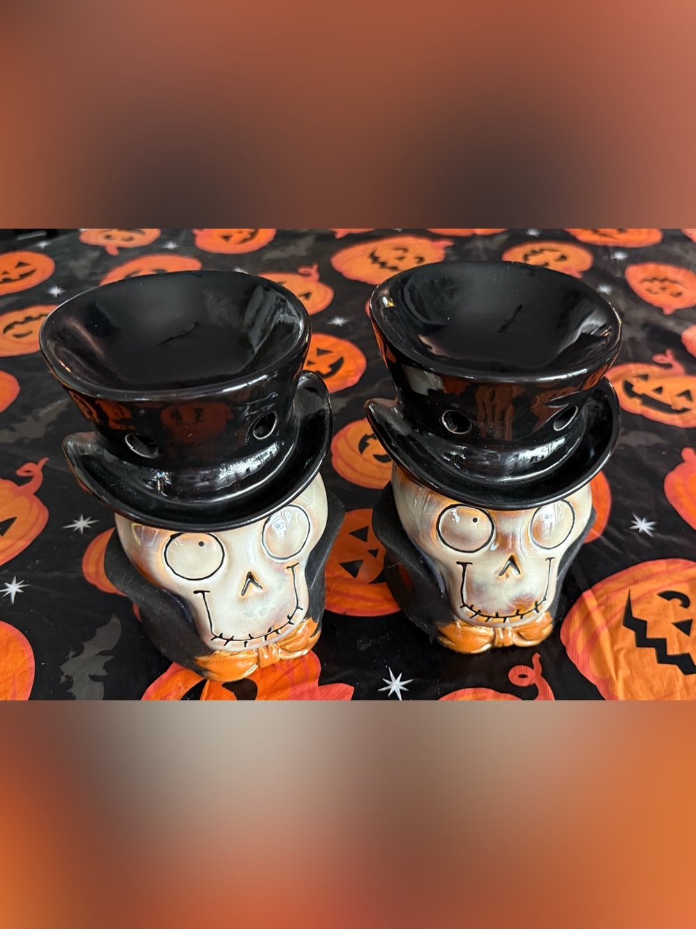 Halloween Skull Top Hat Ceramic Candle Holders